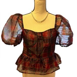 Audrey Parks Plaid chiffon Puff Sleeve Top Sz L